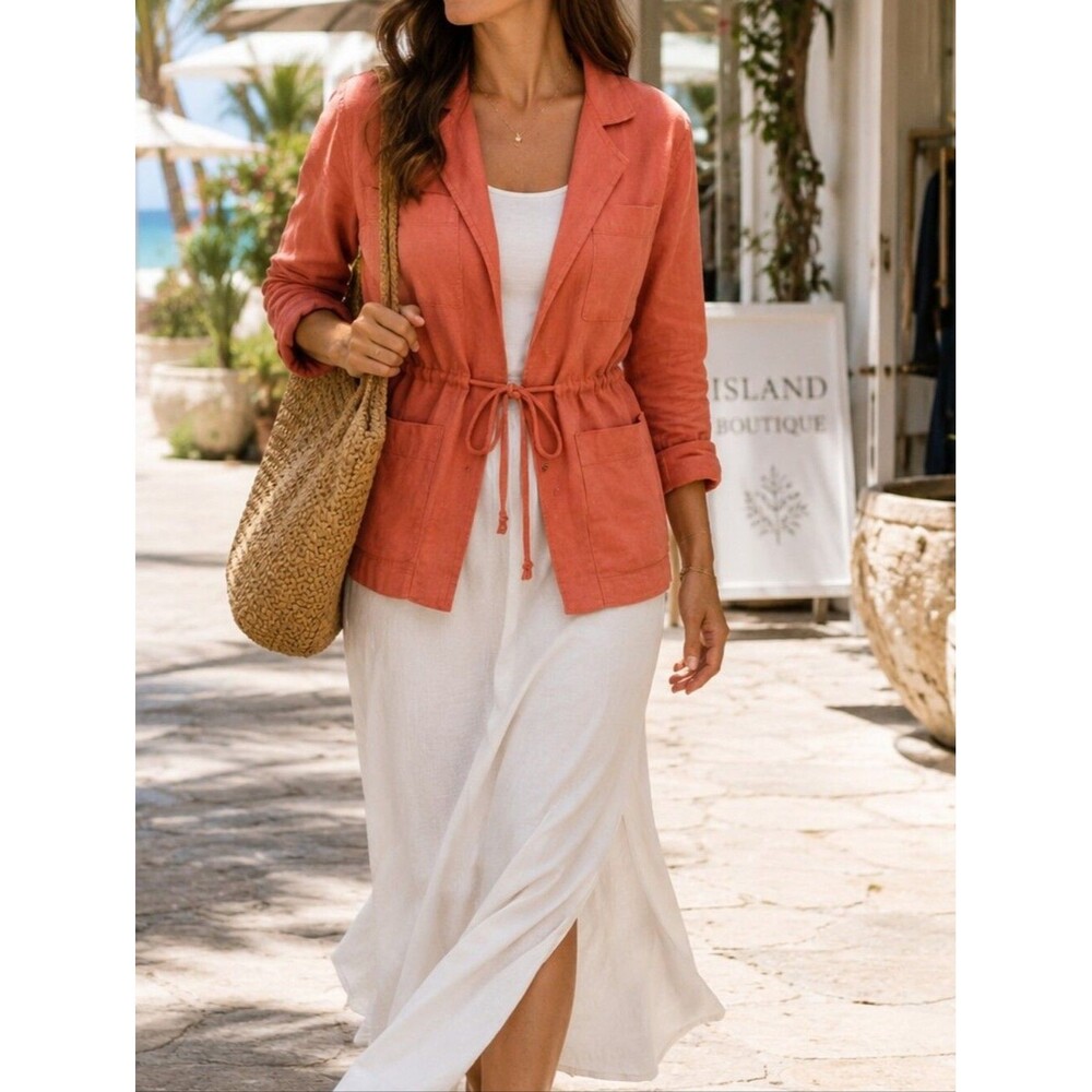 Utility Jacket Linen Open Cardigan M Drawstring 4 Front Pockets Lightweight Prep